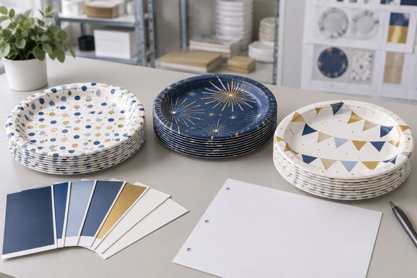 custom printed paper plates wholesale sample and quality review in a Shenzhen party supplies factory