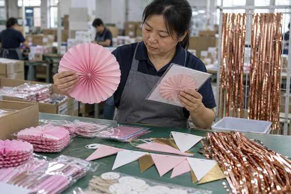 party decorations wholesale sample and quality review in a Shenzhen party supplies factory