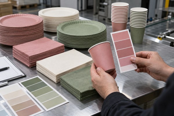 Pantone color matching party supplies sample and quality review in a Shenzhen party supplies factory